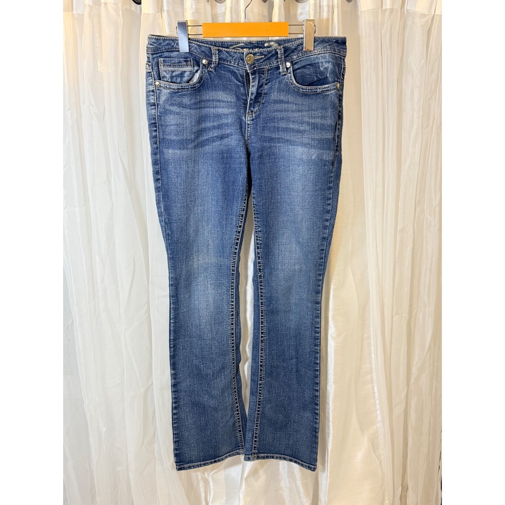Seven7 Slim Bootcut Jeans y2k 8 low rise Medium Wash Embroidered Stretch Denim